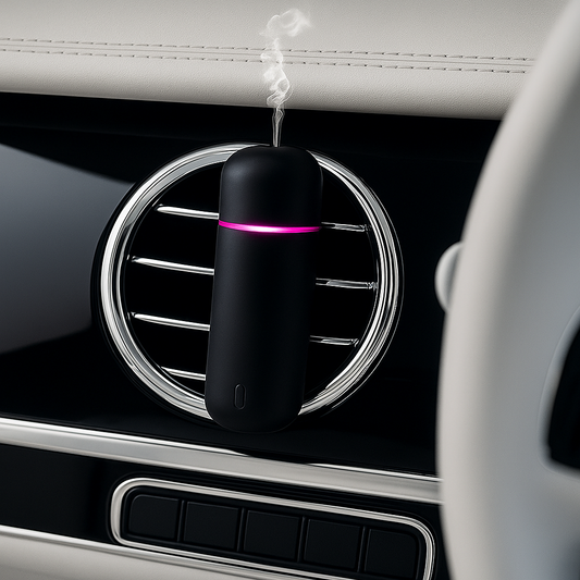 Black oil diffuser clipped on a car's circular air vent with a pink LED ring, releasing a fine mist of fragrance.
