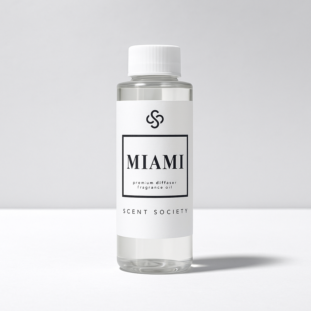 Scent Society diffuser fragrance oil in clear 100ml bottle labeled Miami, with white cap on neutral background.