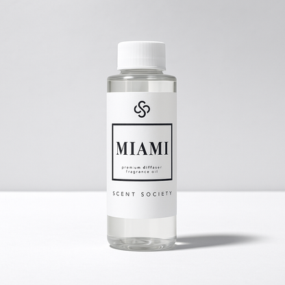 Scent Society diffuser fragrance oil in clear 100ml bottle labeled Miami, with white cap on neutral background.