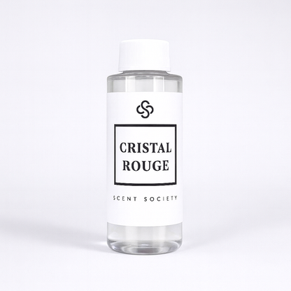 Clear plastic diffuser oil bottle with 'Cristal Rouge' Scent Society label on a white background
