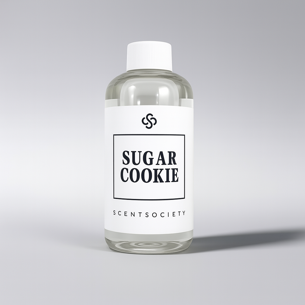 Clear bottle of 'Sugar Cookie' diffuser oil by Scent Society on a gray background