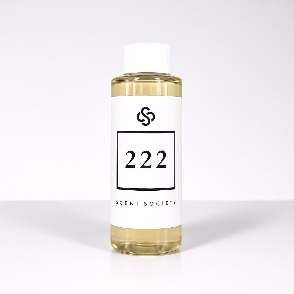 Scent Society diffuser fragrance oil in clear 100 ml bottle labeled 222, with white cap on neutral background.
