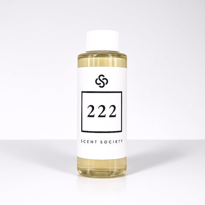 Scent Society diffuser fragrance oil in clear 100 ml bottle labeled 222, with white cap on neutral background.