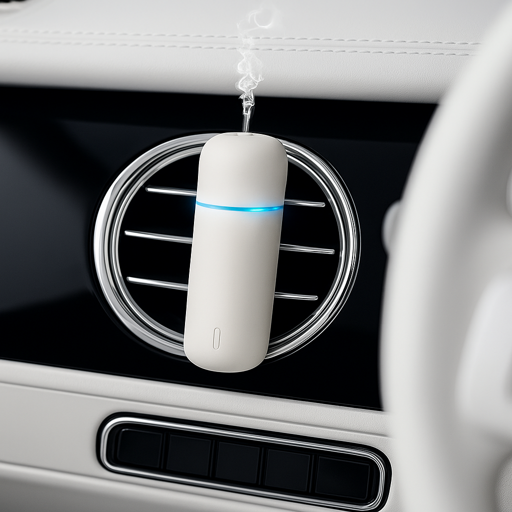 White Car oil diffuser clipped on a car's circular air vent with a blue LED ring, releasing a fine mist of fragrance.