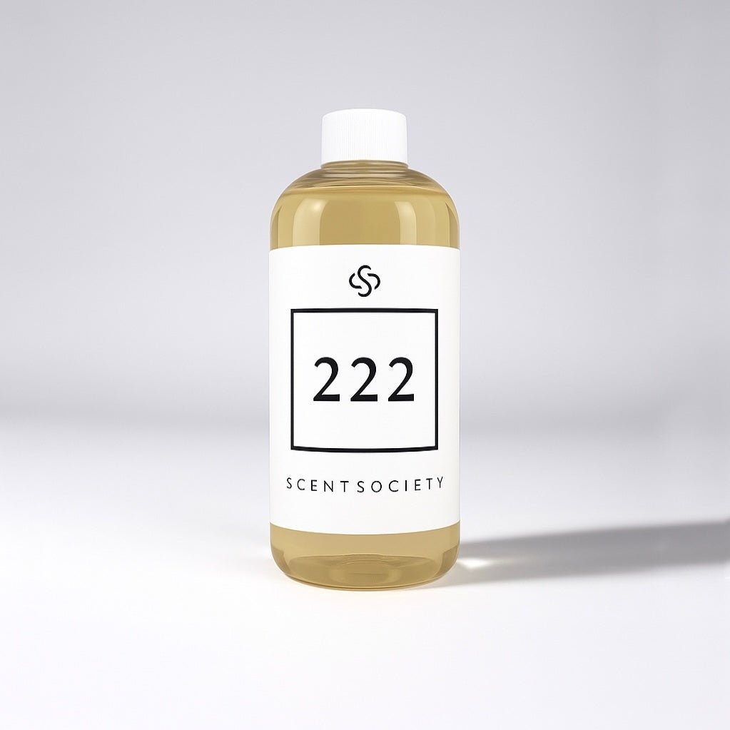 Scent Society diffuser fragrance oil in clear 500 ml bottle labeled 222, with white cap on neutral background.