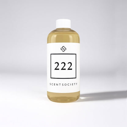 Scent Society diffuser fragrance oil in clear 500 ml bottle labeled 222, with white cap on neutral background.