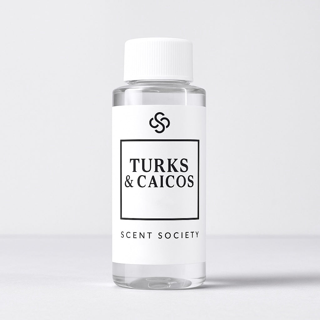 Scent Society diffuser fragrance oil in clear 100ml bottle labeled Turks & Caicos, with white cap on neutral background.