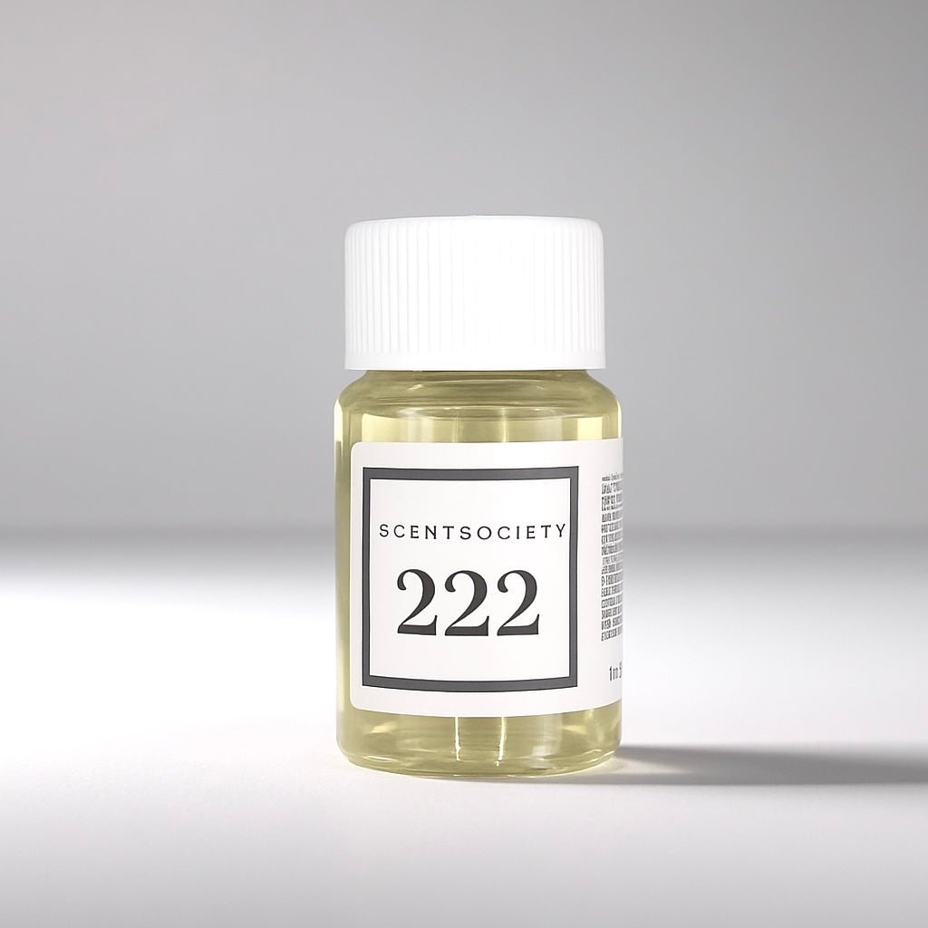 20 ml bottle of Scent Society labeled '222' diffuser oil on a neutral background. Clear plastic bottle with white cap and minimalist black-and-white label, filled with fragrance oil. Aromatherapy oil for use in cold air diffusers.