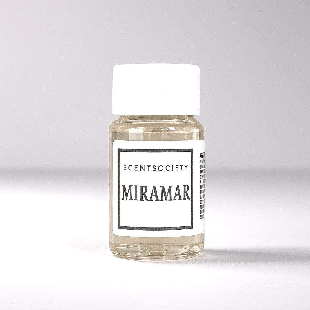 20ml bottle of Scent Society labeled 'MIRAMAR' diffuser oil on a neutral background. Clear plastic bottle with white cap and minimalist black-and-white label, filled with fragrance oil. Aromatherapy oil for use in cold air diffusers.