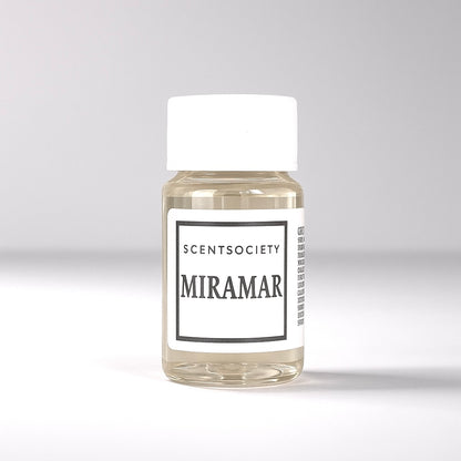 20ml bottle of Scent Society labeled 'MIRAMAR' diffuser oil on a neutral background. Clear plastic bottle with white cap and minimalist black-and-white label, filled with fragrance oil. Aromatherapy oil for use in cold air diffusers.