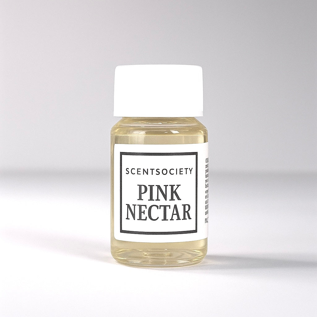 20ml bottle of Scent Society labeled 'PINK NECTAR' diffuser oil on a neutral background. Clear plastic bottle with white cap and minimalist black-and-white label, filled with fragrance oil. Aromatherapy oil for use in cold air diffusers.