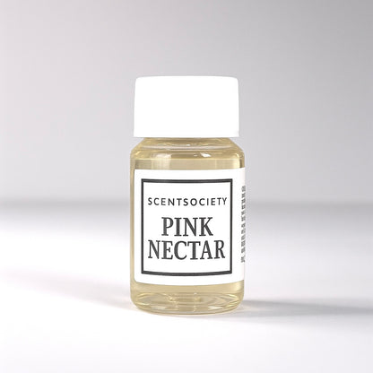 20ml bottle of Scent Society labeled 'PINK NECTAR' diffuser oil on a neutral background. Clear plastic bottle with white cap and minimalist black-and-white label, filled with fragrance oil. Aromatherapy oil for use in cold air diffusers.