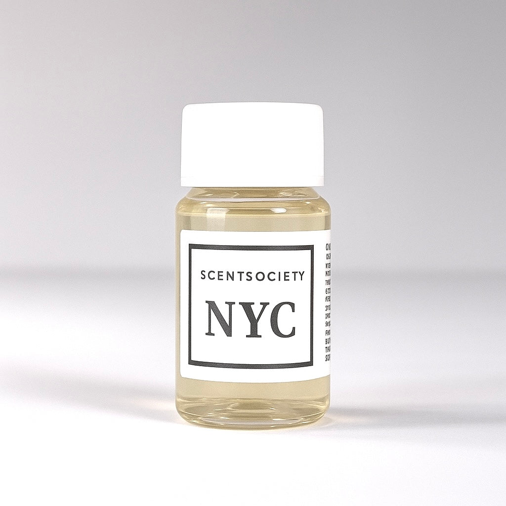 20ml bottle of Scent Society labeled 'NYC' diffuser oil on a neutral background. Clear plastic bottle with white cap and minimalist black-and-white label, filled with fragrance oil. Aromatherapy oil for use in cold air diffusers.