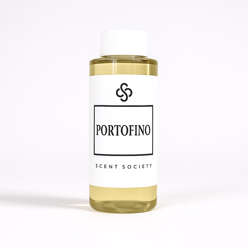100ml bottle of Scent Society labeled 'PORTOFINO' diffuser oil on a neutral background. Clear plastic bottle with white cap and minimalist black-and-white label, filled with fragrance oil. Aromatherapy oil for use in cold air diffusers.