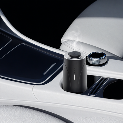 Scent Society Valet portable blac car diffuser with matte finish and LED indicator shown positioned upright i a luxury vehicle cupholder with white leather seats and chrome dial accents.