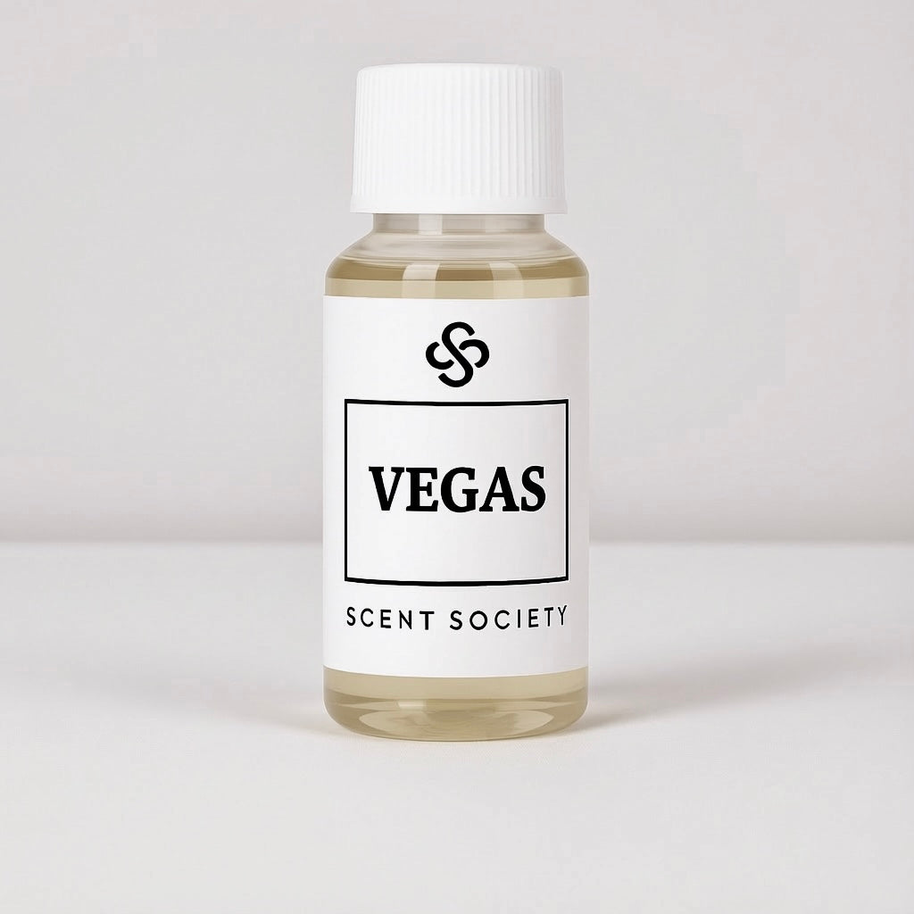 Scent Society Vegas fragrance diffuser oil , 50 ml clear bottle with white label. Product image on neutral background.