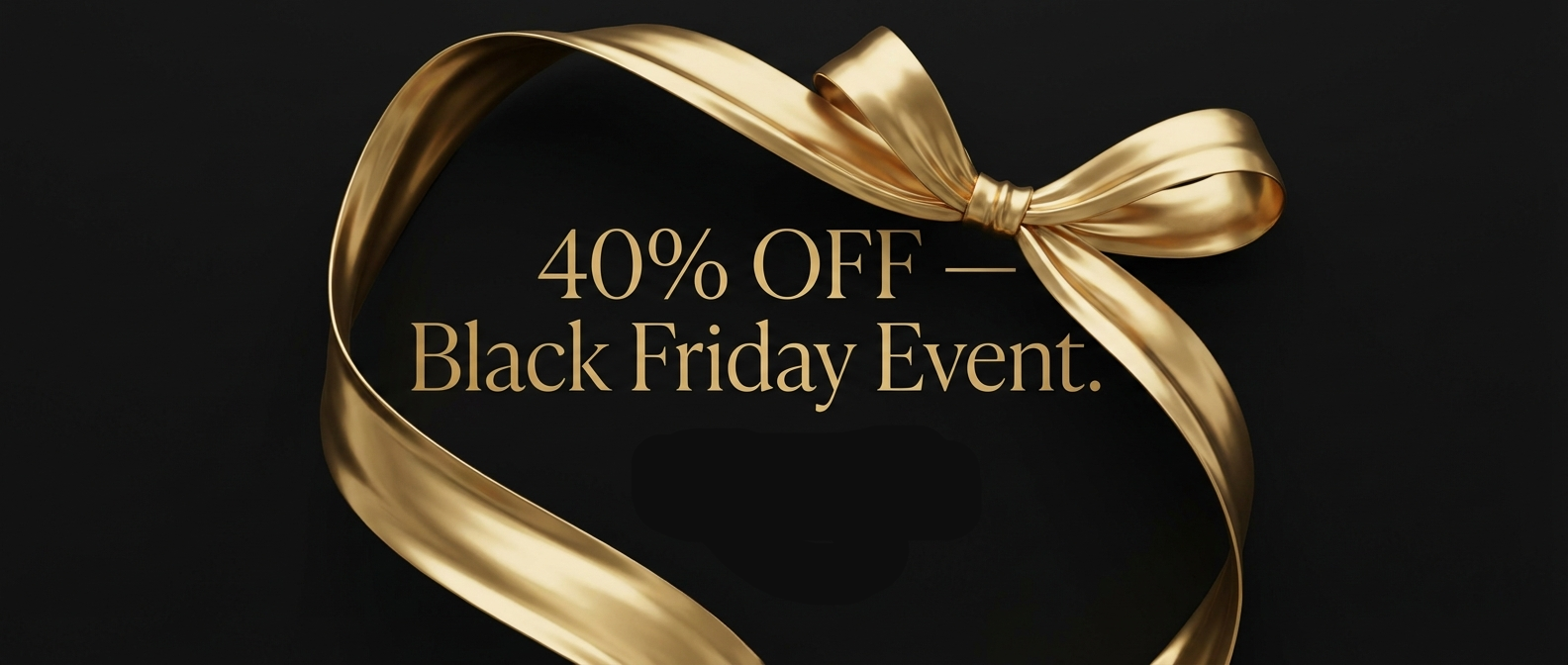 Gold ribbon with '40% OFF Black Friday Event' text on a black background