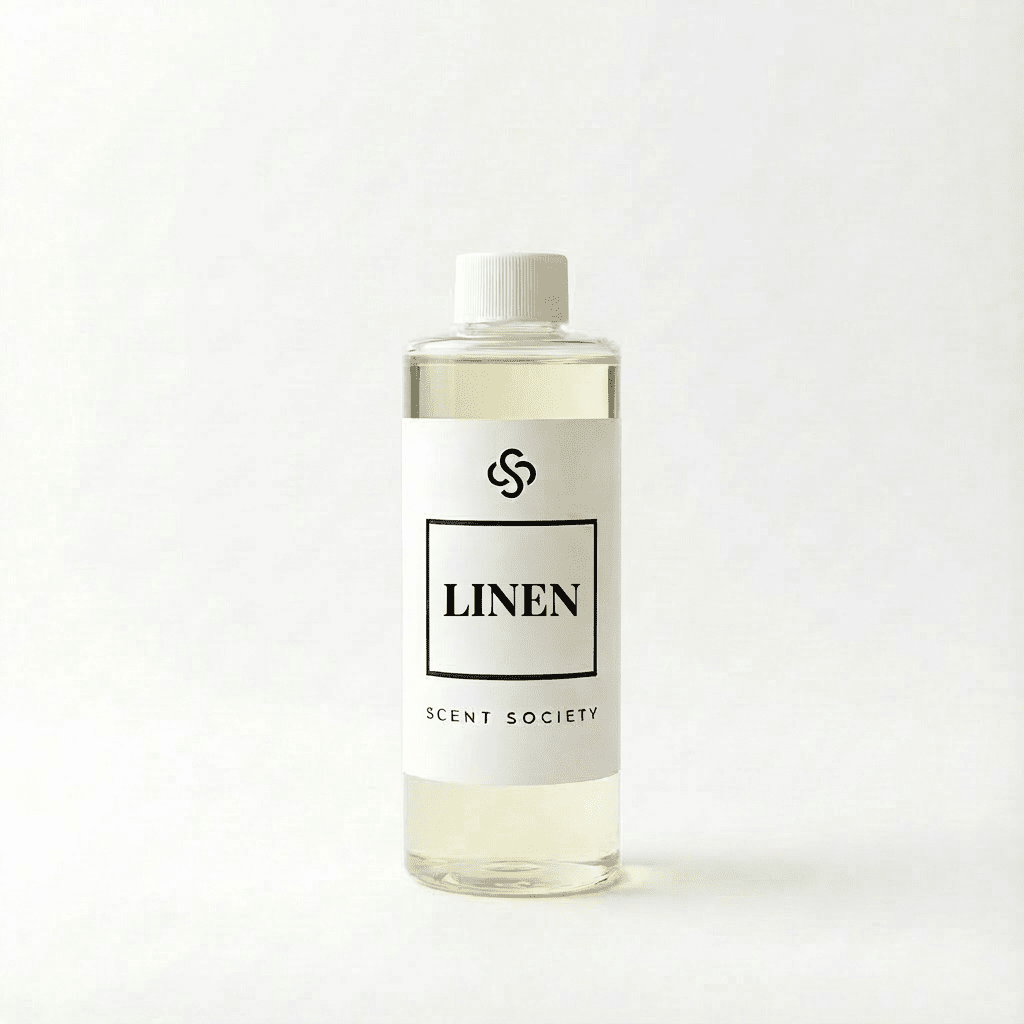Scent Society Linen diffuser oil bottle with clear glass, minimalist label, and white background