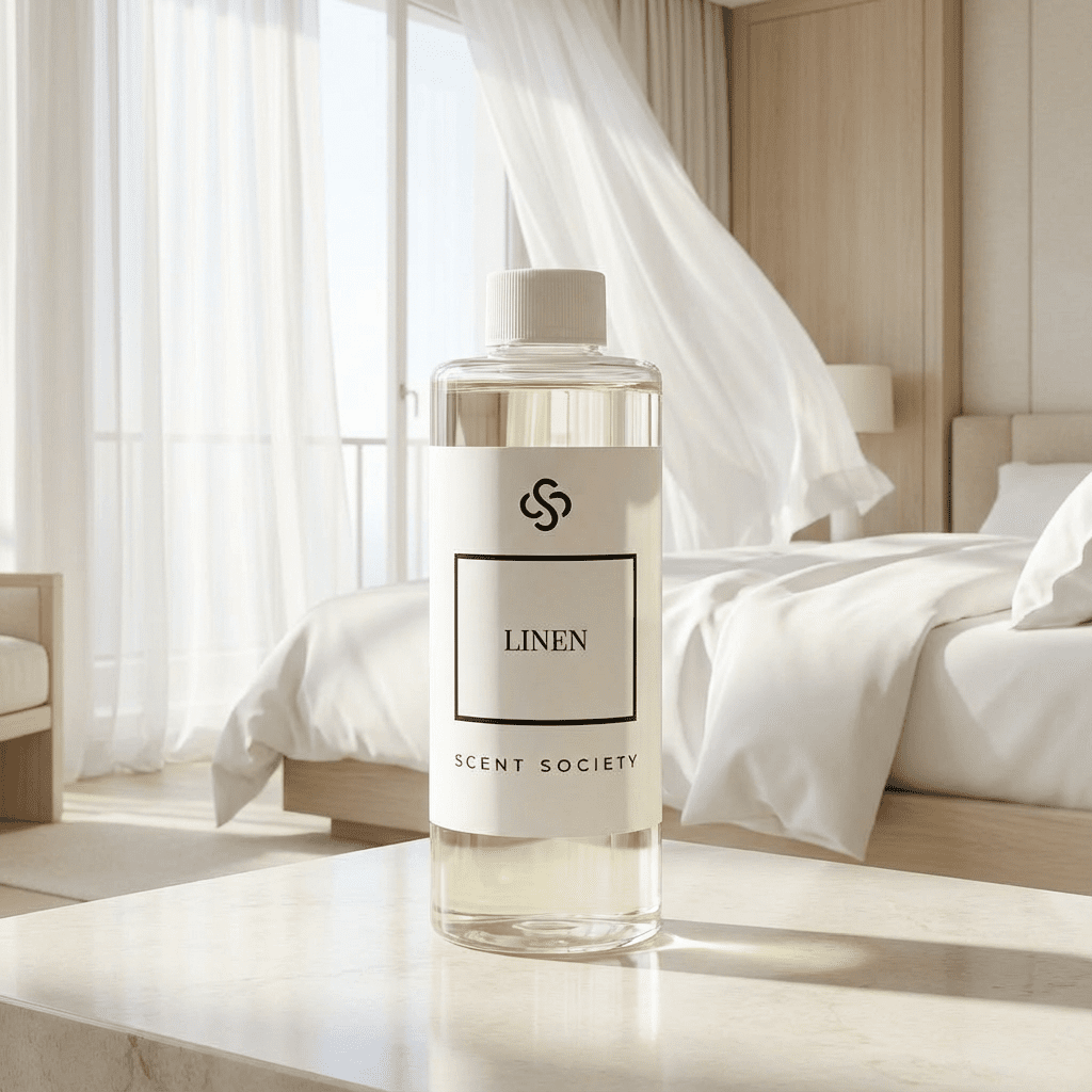 Bottle of Scent Society Linen diffuser oil on a nightstand in a bedroom with white curtains flowing in the background.
