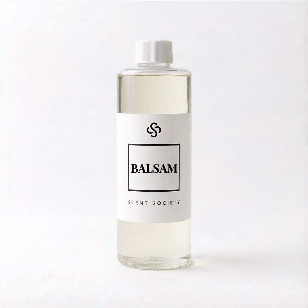 Scent Society Balsam diffuser oil bottle with clear glass, minimalist label, and white background