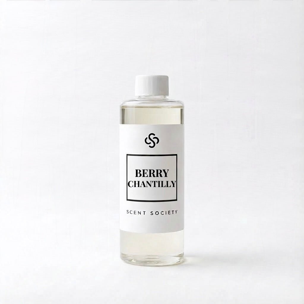 Bottle of 'Berry Chantilly' diffuser oil fragrance by Scent Society on a white background