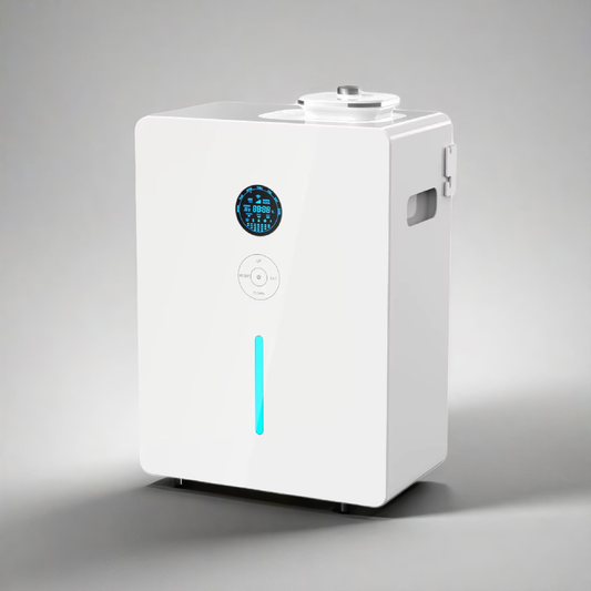 White rectangular scent diffuser with digital LED display, control panel, and teal vertical indicator light, shown at a side angle- high-capacity fragrance diffuser for large rooms, offices, or commercial spaces.