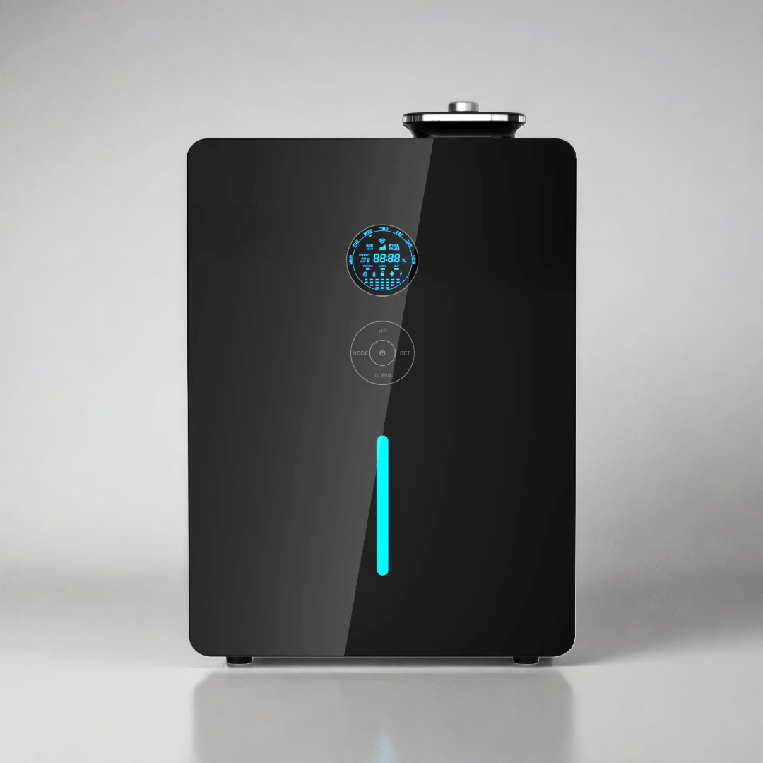 Glossy black rectangular scend diffuser with digital LED display, control buttons, and illuminated teal vertical line- high-capacity fragrance diffuser for large spaces or commecial enviroments.