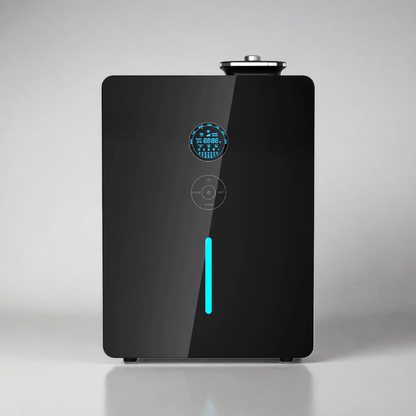 Glossy black rectangular scend diffuser with digital LED display, control buttons, and illuminated teal vertical line- high-capacity fragrance diffuser for large spaces or commecial enviroments.