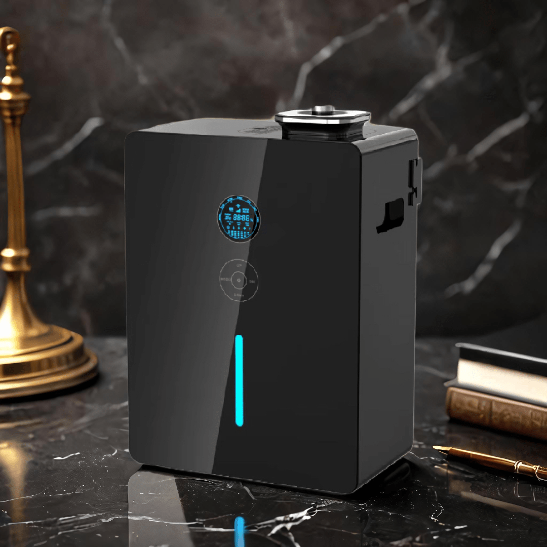 Black, rectangular scent diffuser with LED screen, control panel, and vertical teal light, displayed on a black marble surgace with gold lamp and books - high-capacity gragrance diffuser for luxury commercial or office or environments.