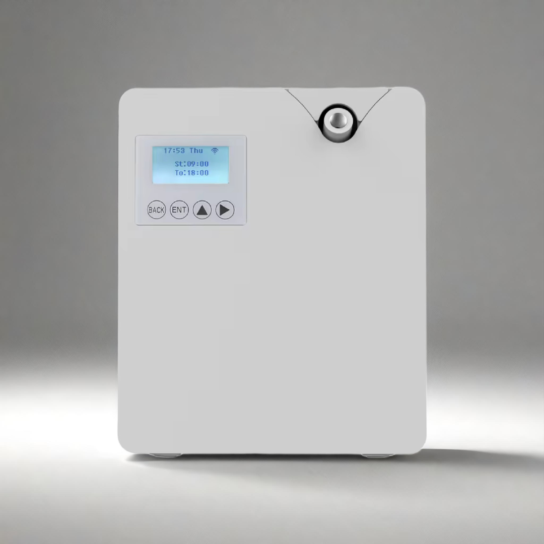Scent Society Founder whit commercial diffuser machine with built0in LCD control screen, programmable timer settings, and a locking scent port, displayed on a neutral background for professional scenting applications.