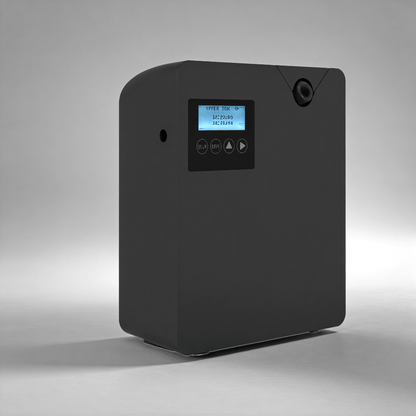 Scent Society Founder large-capacity black diffuser machine with build-in LCD screen, control buttons, and wall-mountable design, shown on a neutral background for commercial or whole-home scenting use.