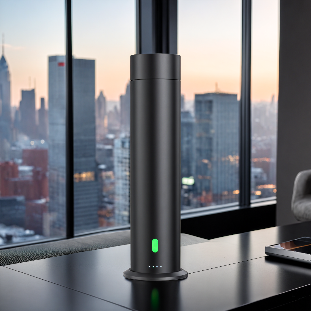 Matte black scent diffuser with green LED indicator, placed on a modern black table with a city skyline view in the background — luxury home fragrance machine.