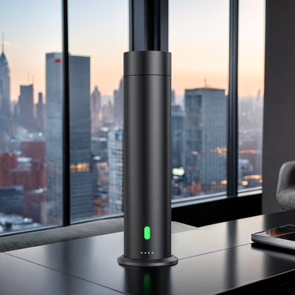 Matte black scent diffuser with green LED indicator, placed on a modern black table with a city skyline view in the background — luxury home fragrance machine.