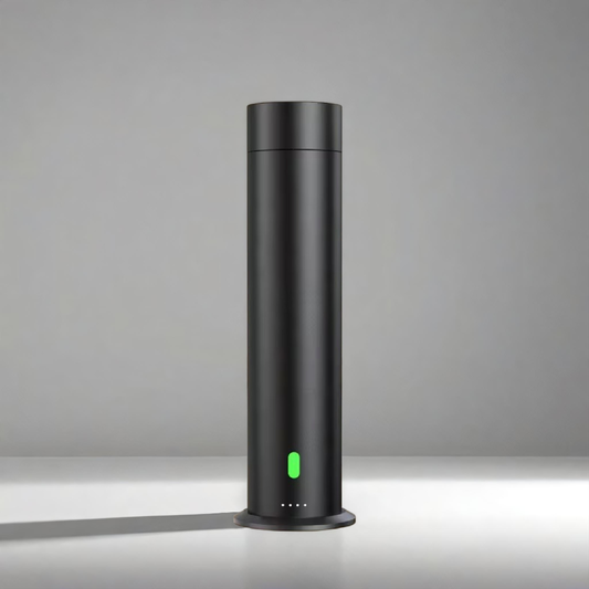 Black cylindrical diffuser machine with minimalist design and green LED light — scent diffuser for home or office use.