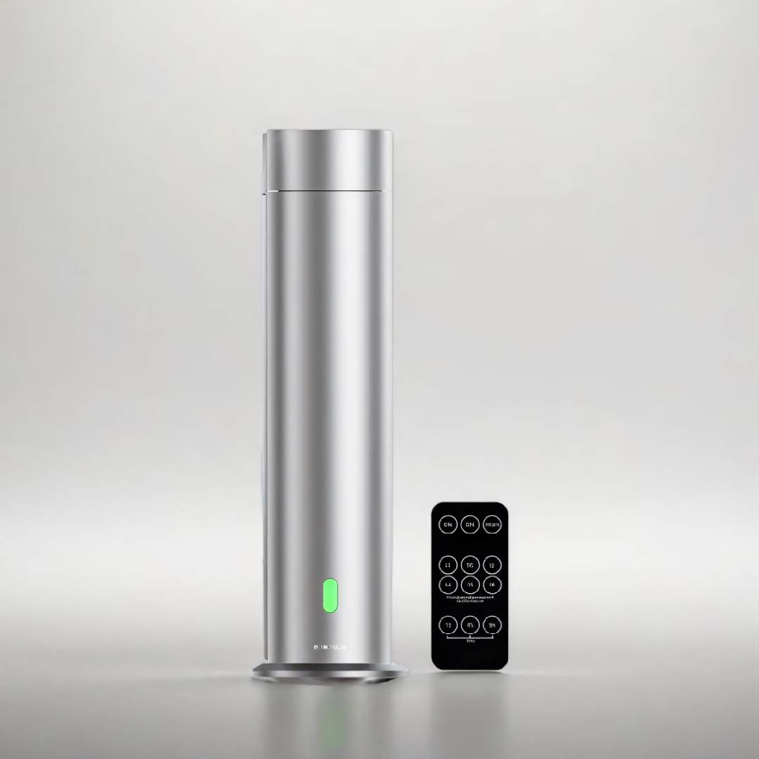 Silver sleek cylinder scent diffuser with green LED light and black remote control, shown against a neutral background — luxury fragrance diffuser for home or commercial use.