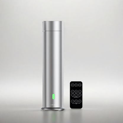 Silver sleek cylinder scent diffuser with green LED light and black remote control, shown against a neutral background — luxury fragrance diffuser for home or commercial use.