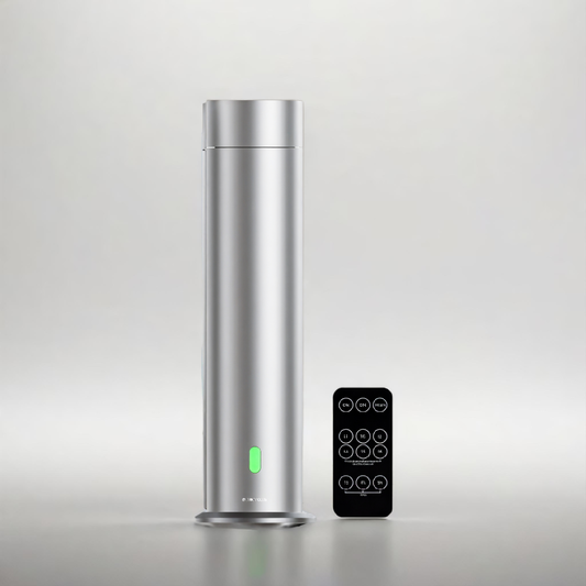 Silver sleek cylinder scent diffuser with green LED light and black remote control, shown against a neutral background — luxury fragrance diffuser for home or commercial use.