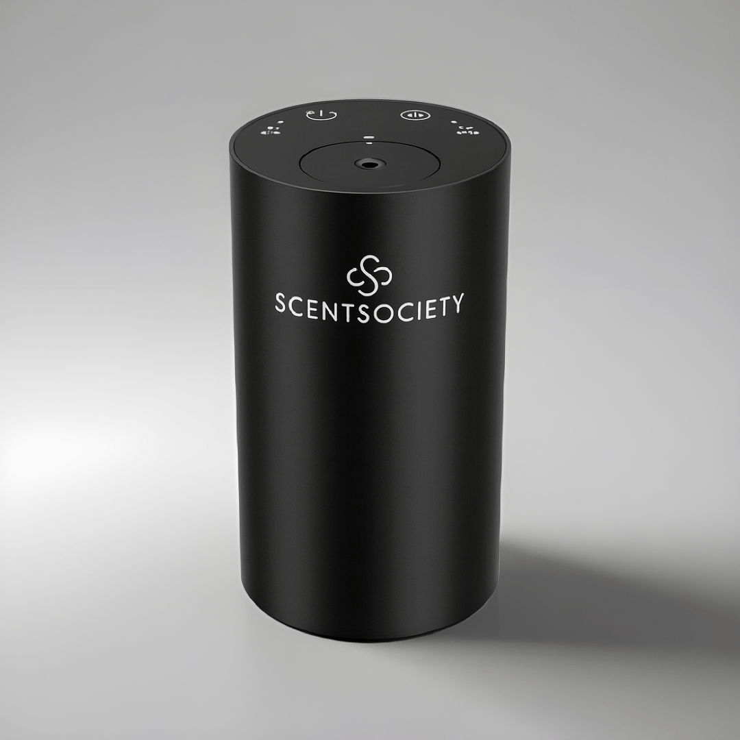 Black cylindrical device with 'Scentsociety' logo on a gray background