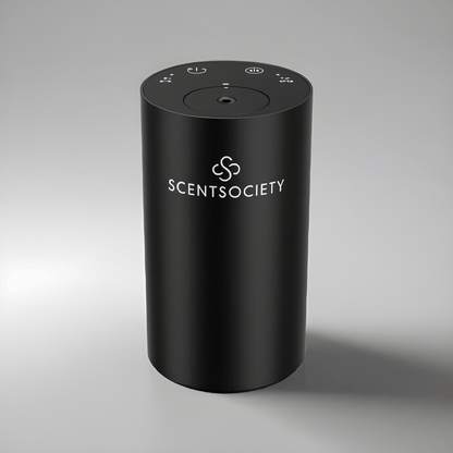 Black cylindrical device with 'Scentsociety' logo on a gray background