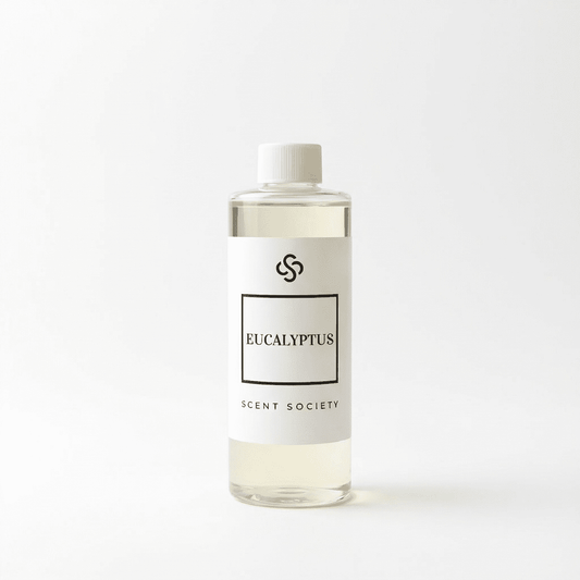 Scent Society Bergamot diffuser oil bottle with clear glass, minimalist label, and white background.