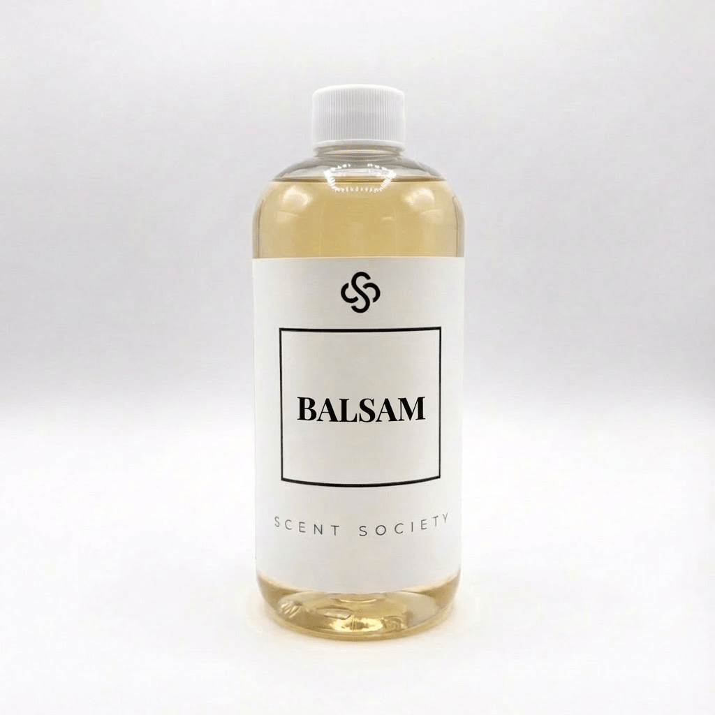 Scent Society Balsam diffuser oil bottle with clear glass, minimalist label, and white background