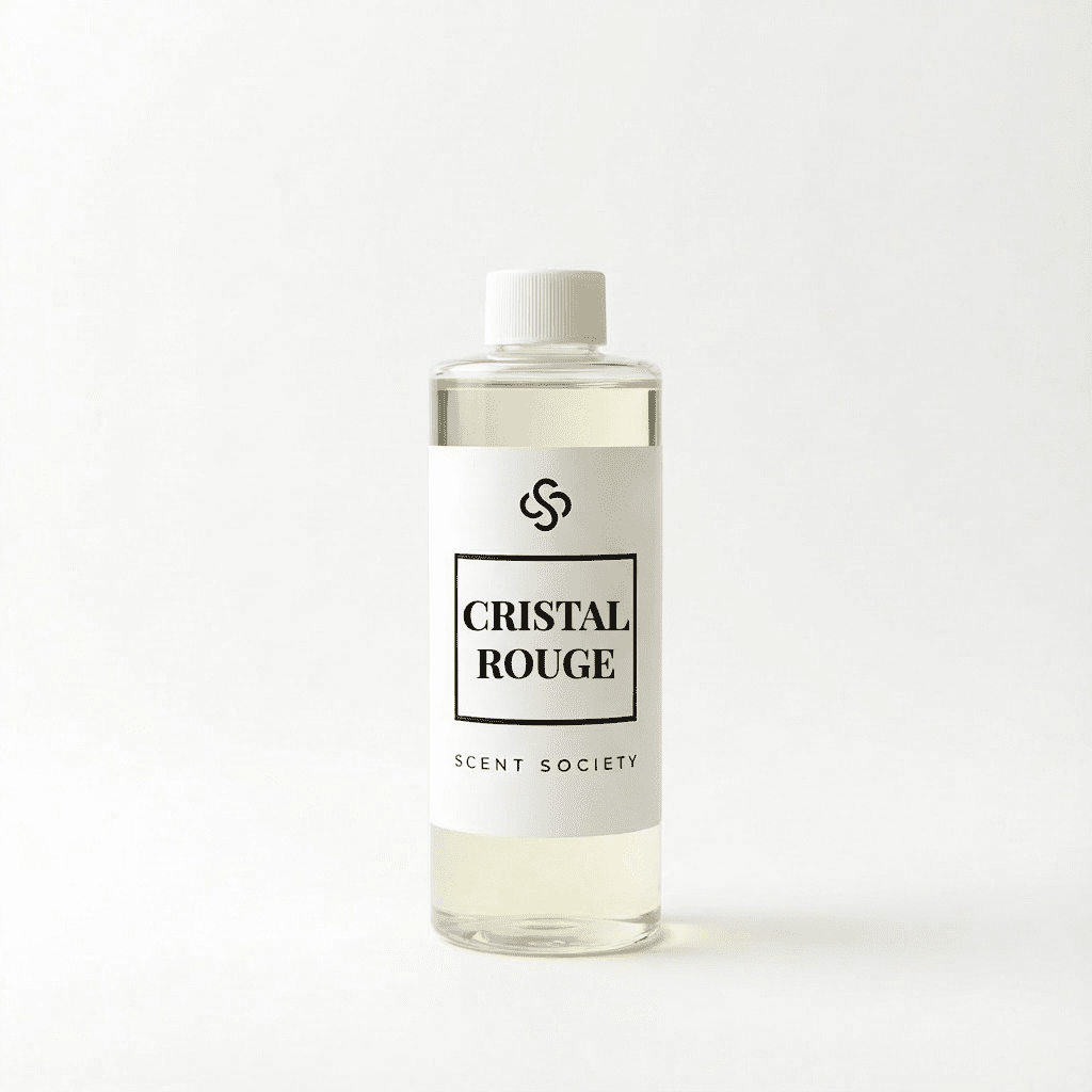 Scent Society Cristal Rouge diffuser oil bottle with clear glass, minimalist label, and white background.