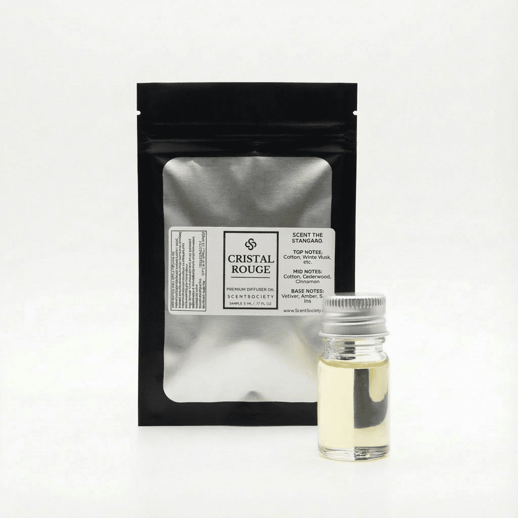 Scent Society Cristal Rouge diffuser oil sample vial with labeled sample pouch on a white background.
