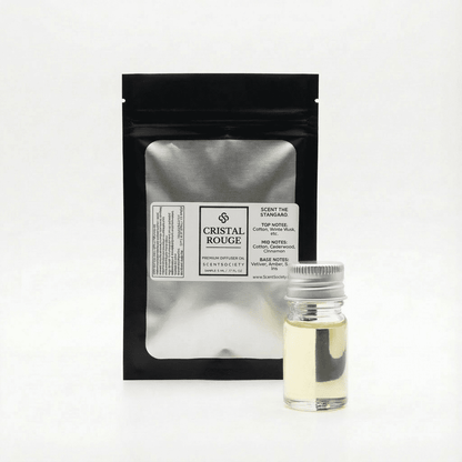 Scent Society Cristal Rouge diffuser oil sample vial with labeled sample pouch on a white background.
