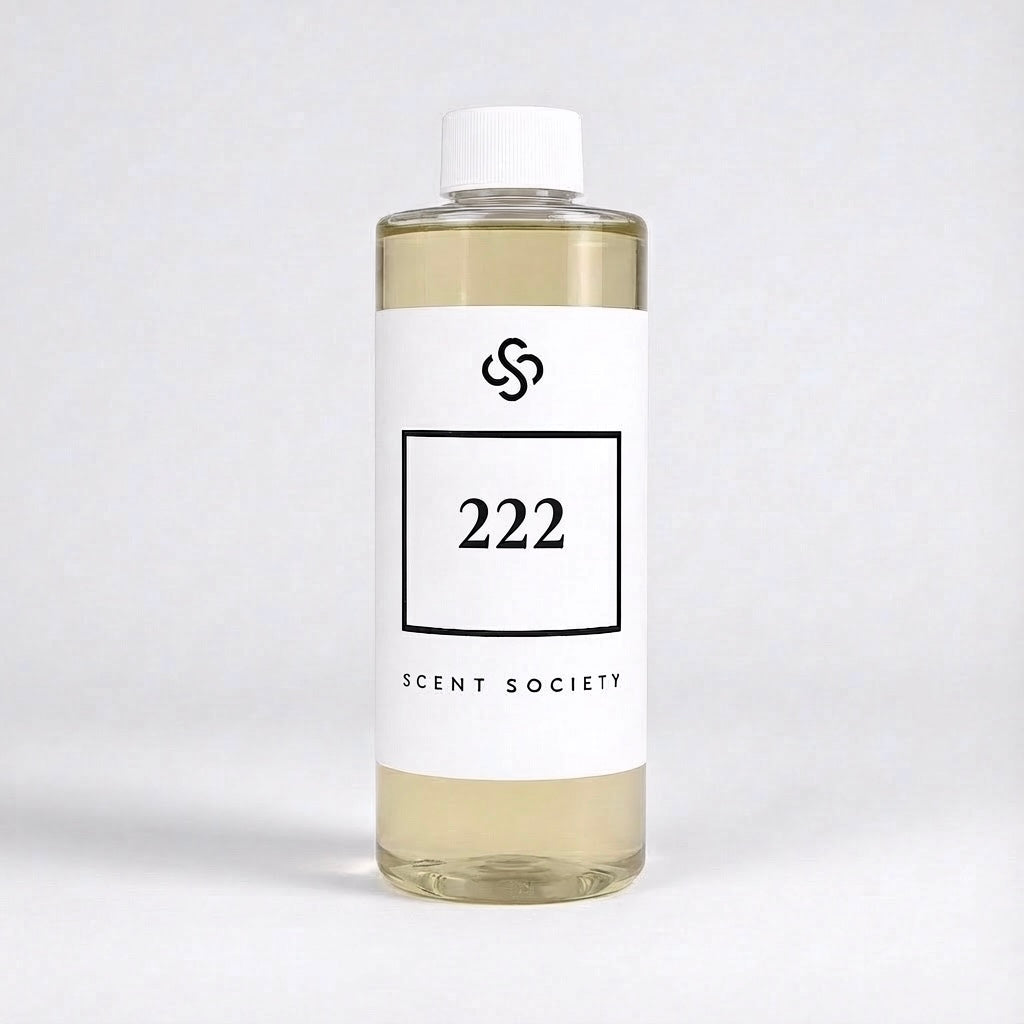 Scent Society 222 fragrance diffuser oil , 200 ml clear bottle with white label. Product image on neutral background.