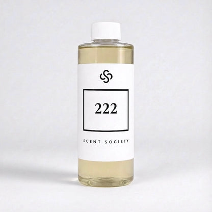 Scent Society 222 fragrance diffuser oil , 200 ml clear bottle with white label. Product image on neutral background.