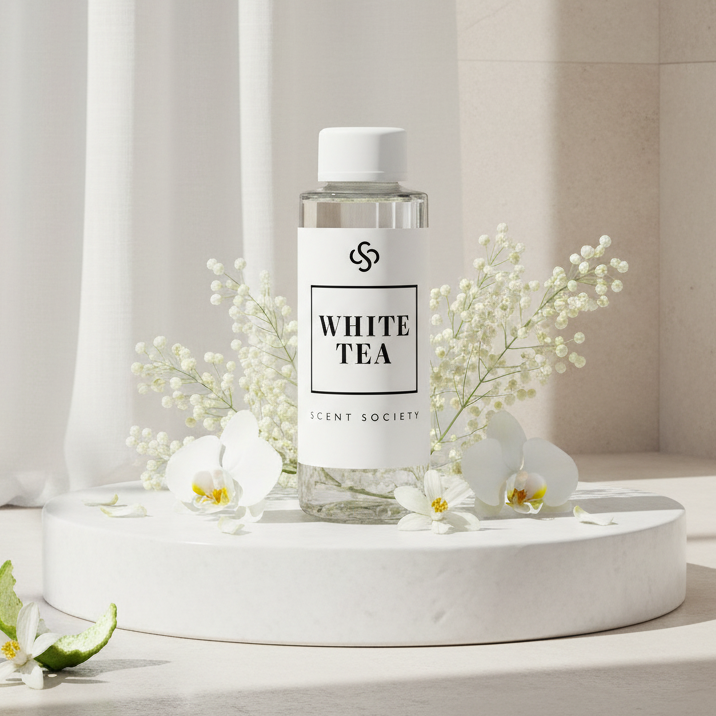 Bottle of 'White Tea' 
diffuser oil fragrance from The Scent Society on a white surface with flowers and a lime.