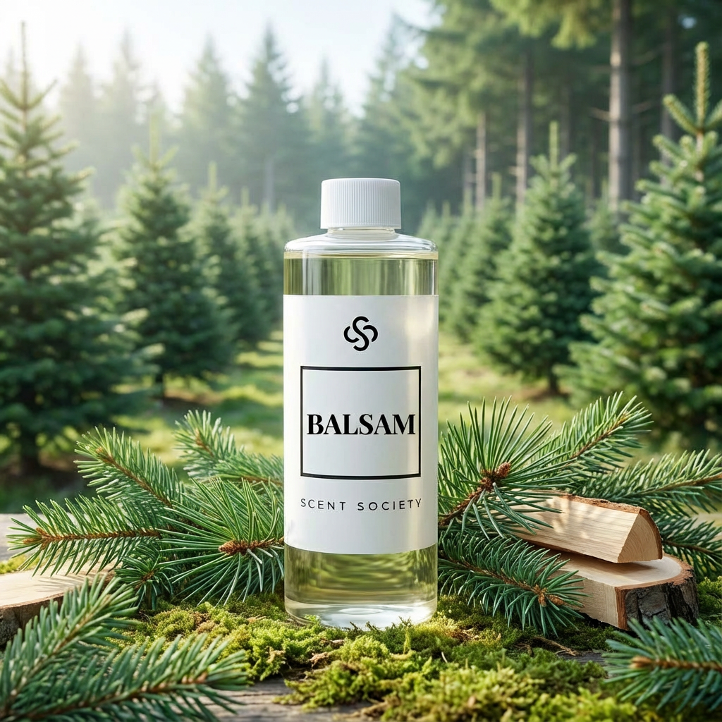 Bottle of Balsam diffuser oil from Scent Society with a forest background