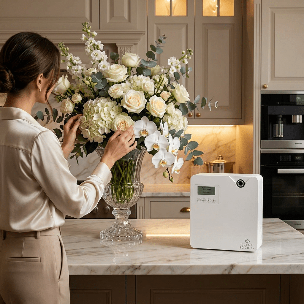Woman arranging flowers in a kitchen with a white Scent Society Founder scent diffuser on the counter.