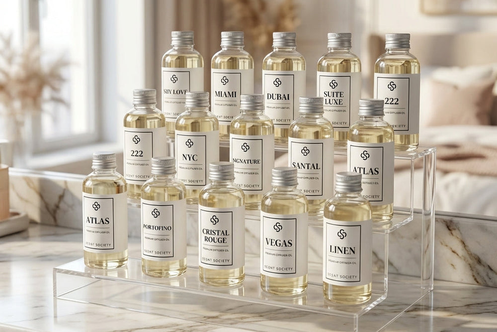 Collection of small Scent Society diffuser oil bottles with labels on a clear stand in a home setting